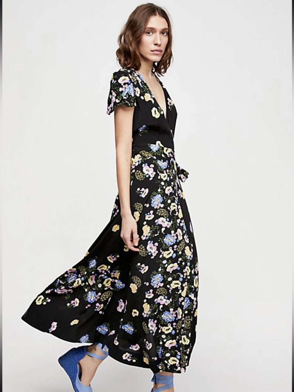 Free People Floral Tie Waist “Gorgeous Jess Wrap Dress” in Black Combo Size S